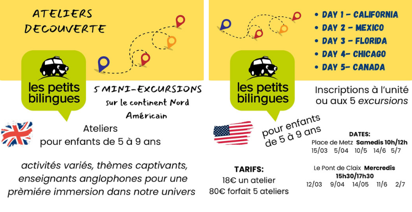 Ateliers découverte de l'anglais chez les Petits Bilingues, sous forme d'escapade sur le continent américain - Grenoble et Le Pont de Claix