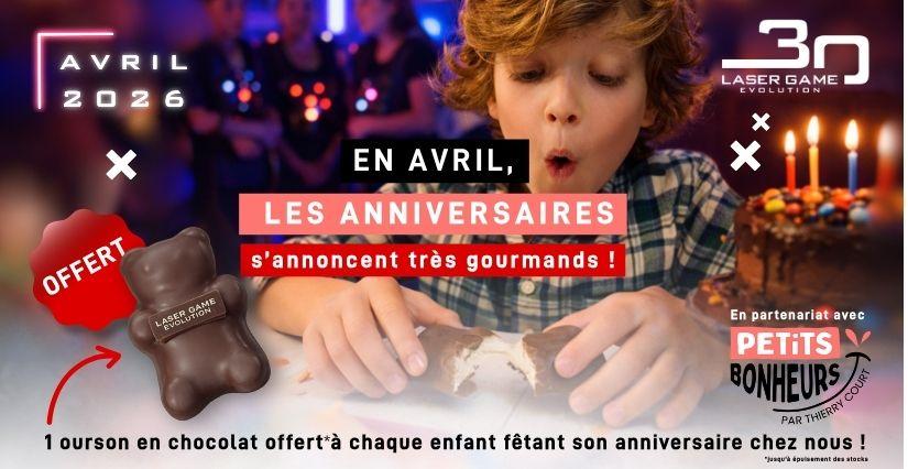 Une suprise chocolatée offerte aux enfants fêtant leur anniversaire en avril chez Laser Game Evolution Grenoble, Saint-Martin-d'Hères et Chambéry !